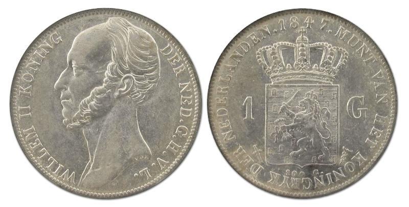 1 gulden Willem II 1847. Zeer Fraai / Prachtig.                                                                                                                                                                                                                