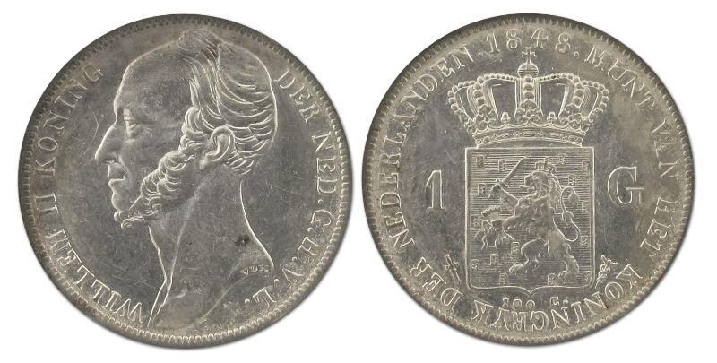 1 gulden Willem II 1848. Zeer Fraai / Prachtig.                                                                                                                                                                                                                