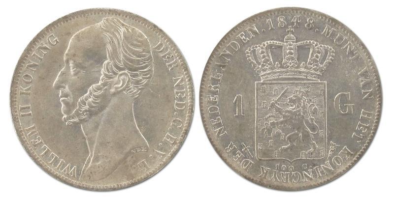 1 gulden Willem II 1848. Zeer Fraai / Prachtig.                                                                                                                                                                                                                