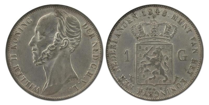 1 gulden Willem II 1848. Zeer Fraai / Prachtig.                                                                                                                                                                                                                