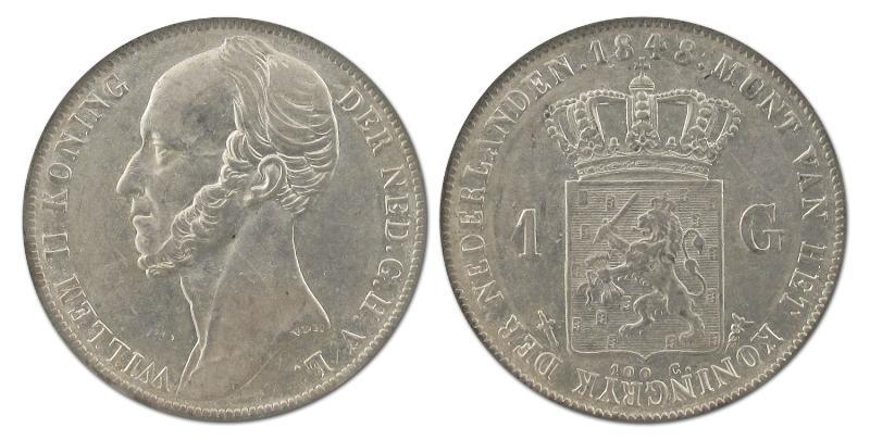 1 gulden Willem II 1848. Zeer Fraai / Prachtig.                                                                                                                                                                                                                
