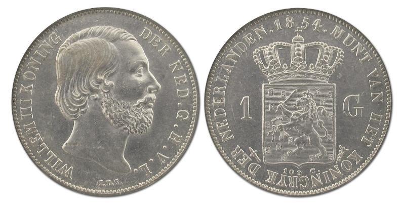 1 gulden Willem III 1854. Prachtig +.                                                                                                                                                                                                                          