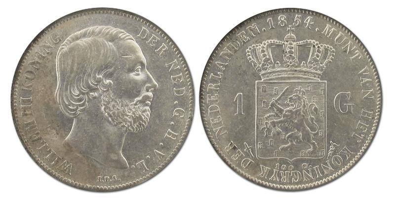 1 gulden Willem III 1854. Zeer Fraai / Prachtig.                                                                                                                                                                                                               