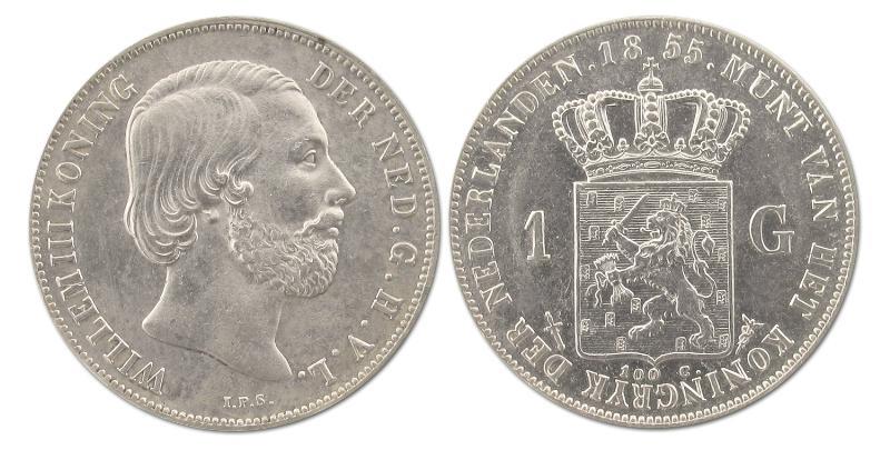 1 gulden Willem III 1855. Prachtig +.                                                                                                                                                                                                                          