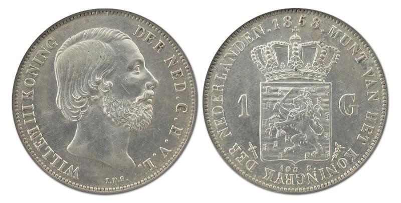 1 gulden Willem III 1858. Prachtig +.                                                                                                                                                                                                                          