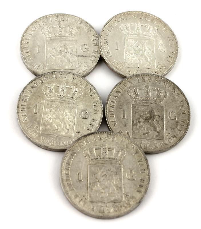 1 gulden Willem II en Willem III Lot: 5x 1 gulden Varieert tussen Zeer Fraai tot Prachtig.                                                                                                                                                                     