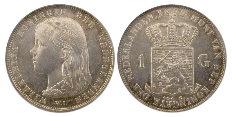 1 gulden Wilhelmina 1892. Prachtig.                                                                                                                                                                                                                            