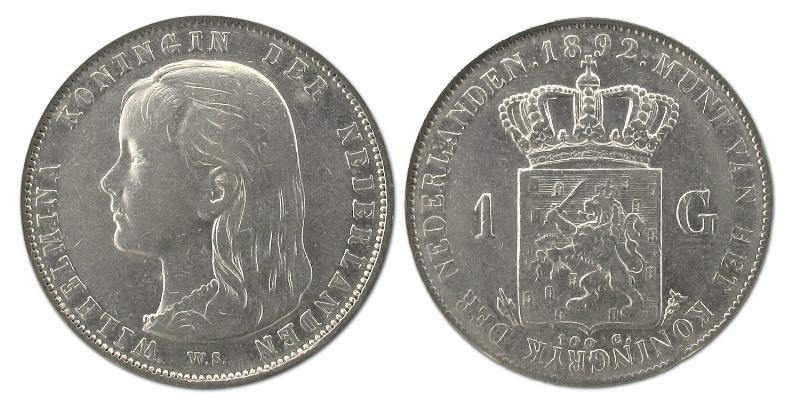 1 gulden Wilhelmina 1892. Zeer Fraai +.                                                                                                                                                                                                                        