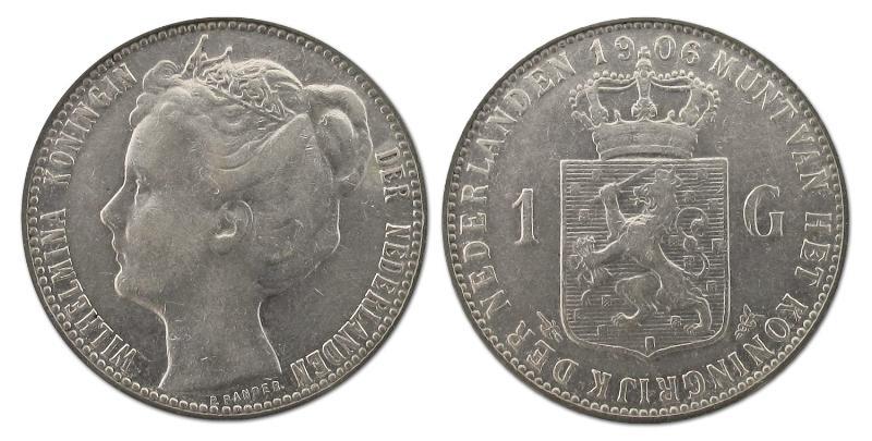 1 gulden Wilhelmina 1906. Zeer Fraai +.                                                                                                                                                                                                                        