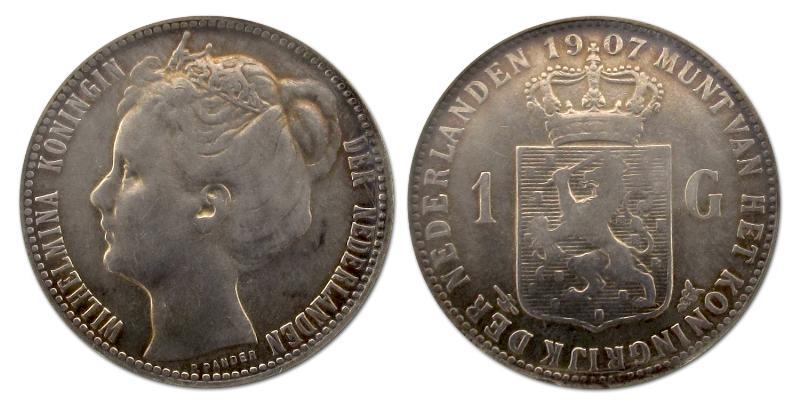 1 gulden Wilhelmina 1907. Fraai +.                                                                                                                                                                                                                             