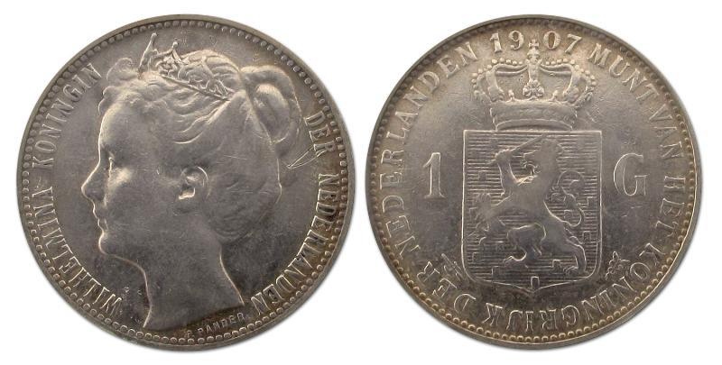 1 gulden Wilhelmina 1907. Fraai.                                                                                                                                                                                                                               