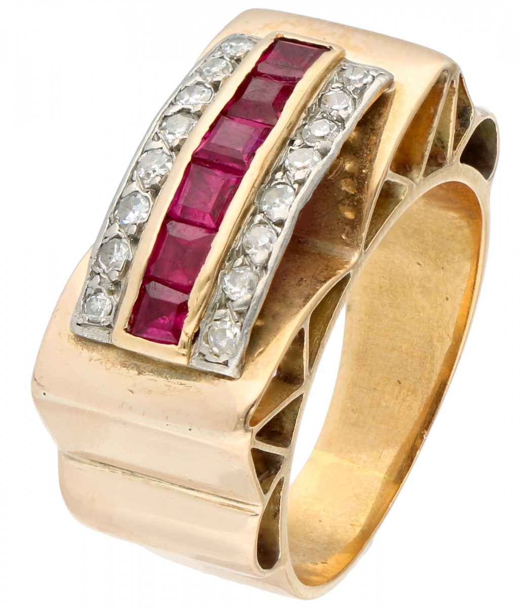 Rosegouden Art Deco tankring, met ca. 0.16 ct. diamant en synthetische robijn - 14 kt.