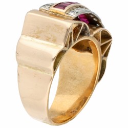 Rosegouden Art Deco tankring, met ca. 0.16 ct. diamant en synthetische robijn - 14 kt.