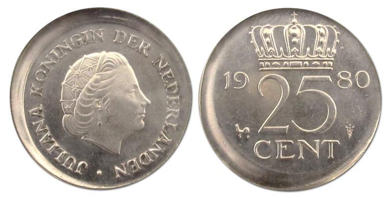 25 cent Juliana 1980 excentrisch geslagen. FDC.                                                                                                                                                                                                                