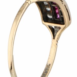 Geelgouden ring bezet met ca. 0.16 ct. diamant en natuurlijke robijn - 14 kt.