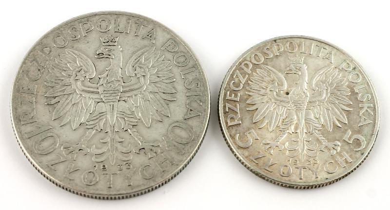 Polen . 5 en 10 Zlotych  1933.                                                                                                                                                                                                                                 