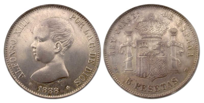 Spanje. Alfonso XIII, 1874 - 1885. 5 Pesetas 1888 ( 88 ), MP M.                                                                                                                                                                                                