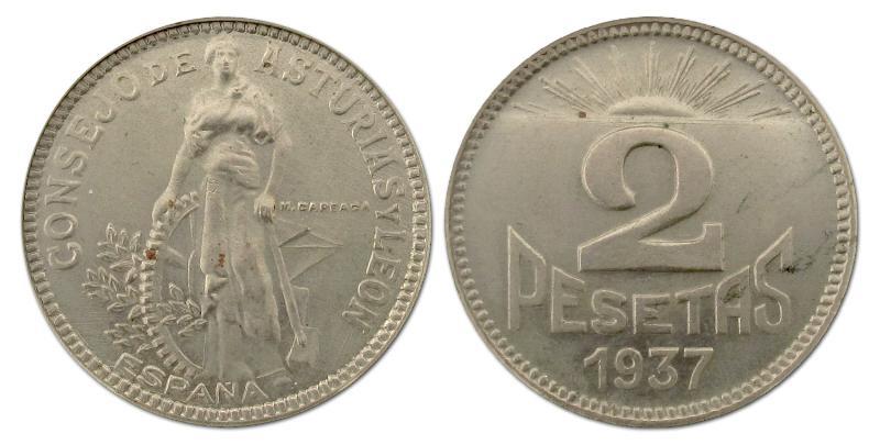 Spanje. 2 Pesetas. 1937. CONSEJO DE ASTURIAS Y LEÓN.                                                                                                                                                                                                           