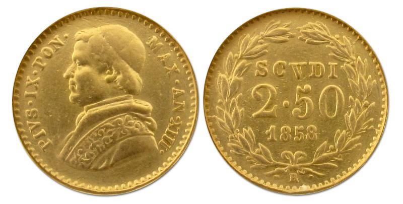 Vatikaan. Pius IX, 1846 - 1878.  2,5 Scudi  1858.                                                                                                                                                                                                              