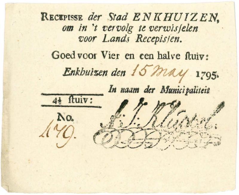 Recepissen. 4½ Stuiver. Uitgegeven 15 mey  type 1795. Enkhuizen. - Zeer Fraai.                                                                                                                                                                                 