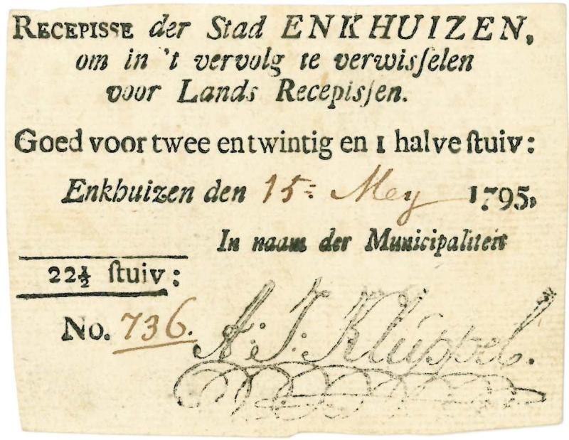 Recepissen. 22½ Stuiver. Uitgegeven 15de mey  type 1795. Enkhuizen. - Fraai/Zeer Fraai.                                                                                                                                                                        