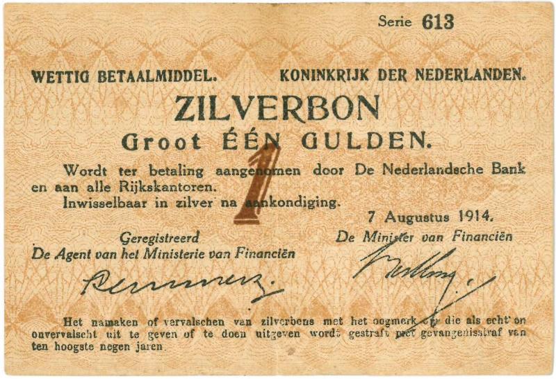 Nederland. 1 gulden.  Zilverbon. Type 1914.  - Zeer Fraai+.                                                                                                                                                                                                    