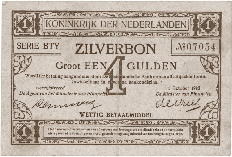 Nederland. 1 gulden. Zilverbon. Type 1918.  - Zeer Fraai.                                                                                                                                                                                                      