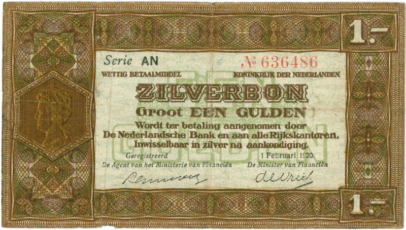 Nederland. 1 gulden. Zilverbon. Type 1920.  - Zeer Fraai.                                                                                                                                                                                                      