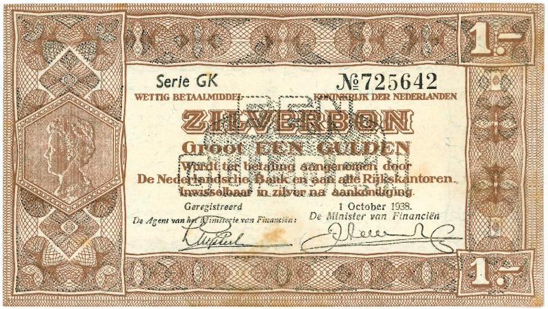 Nederland. 1 gulden. Zilverbon. Type 1938.  - Zeer Fraai.                                                                                                                                                                                                      
