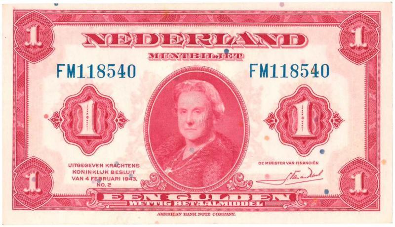 Nederland. 1 gulden. Muntbiljet. Type 1943. Wilhelmina. - UNC.                                                                                                                                                                                                 