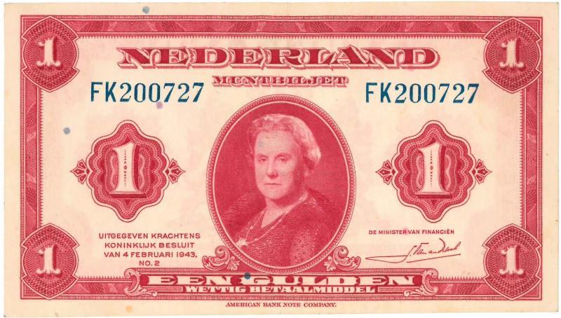 Nederland. 1 gulden. Muntbiljet. Type 1943. Wilhelmina. - Prachtig-.                                                                                                                                                                                           