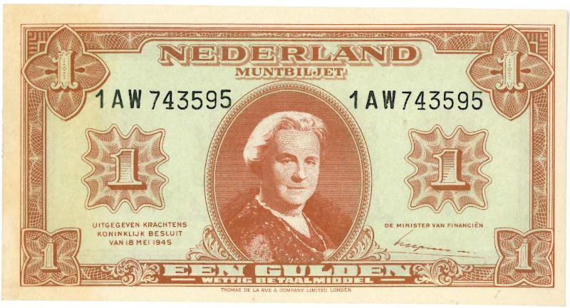Nederland. 1 gulden. Muntbiljet. Type 1945.  - Prachtig.                                                                                                                                                                                                       