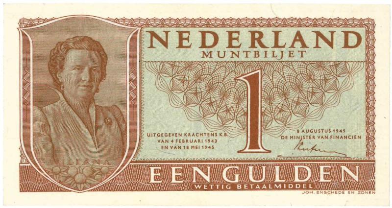 Nederland. 1 gulden. Muntbiljet. Type 1949.  - Nagenoeg UNC.                                                                                                                                                                                                   