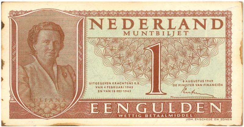 Nederland. 1 gulden. Muntbiljet. Type 1949.  - Prachtig+.                                                                                                                                                                                                      