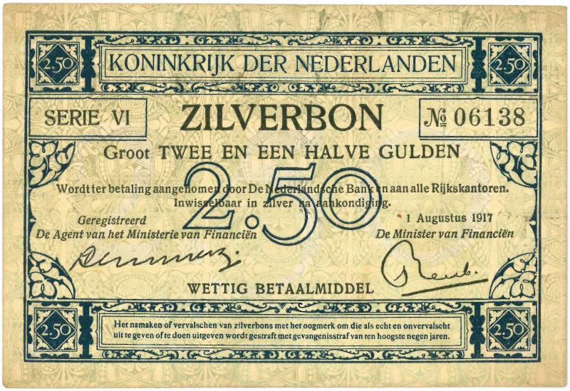 Nederland. 2½ gulden. Zilverbon. Type 1915.  - Zeer Fraai +.                                                                                                                                                                                                   