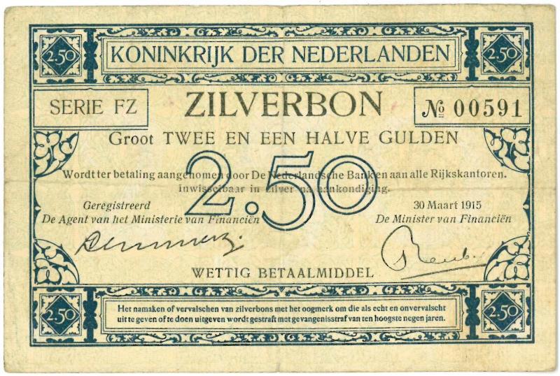Nederland. 2½ gulden. Zilverbon. Type 1915.  - Zeer Fraai.                                                                                                                                                                                                     