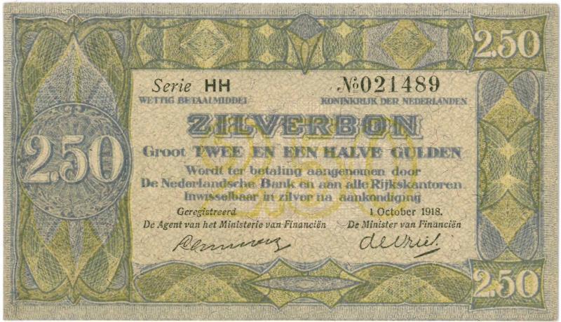 Nederland. 2½ gulden. Zilverbon. Type 1918.  - Prachtig+.                                                                                                                                                                                                      