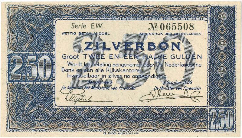 Nederland. 2½ gulden. Zilverbon. Type 1938.  - Prachtig+.                                                                                                                                                                                                      