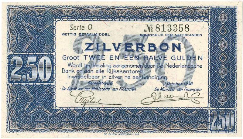 Nederland. 2½ gulden. Zilverbon. Type 1938.  - Prachtig+.                                                                                                                                                                                                      