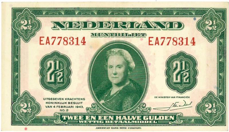Nederland. 2½ gulden. Muntbiljet. Type 1943. Wilhelmina. - Zeer Fraai/Prachtig.                                                                                                                                                                                
