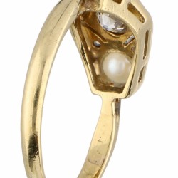 Geelgouden Art Deco ring, met ca. 0.15 ct. diamant en cultivé zoetwaterparel - 14 kt.