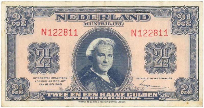 Nederland. 2½ gulden. Muntbiljet. Type 1945.  - Zeer Fraai.                                                                                                                                                                                                    