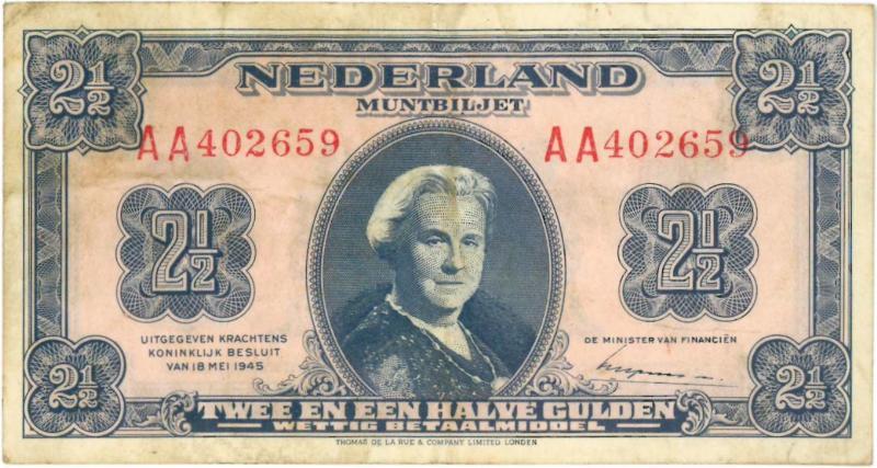 Nederland. 2½ gulden. Muntbiljet. Type 1945.  - Fraai/Zeer Faai.                                                                                                                                                                                               