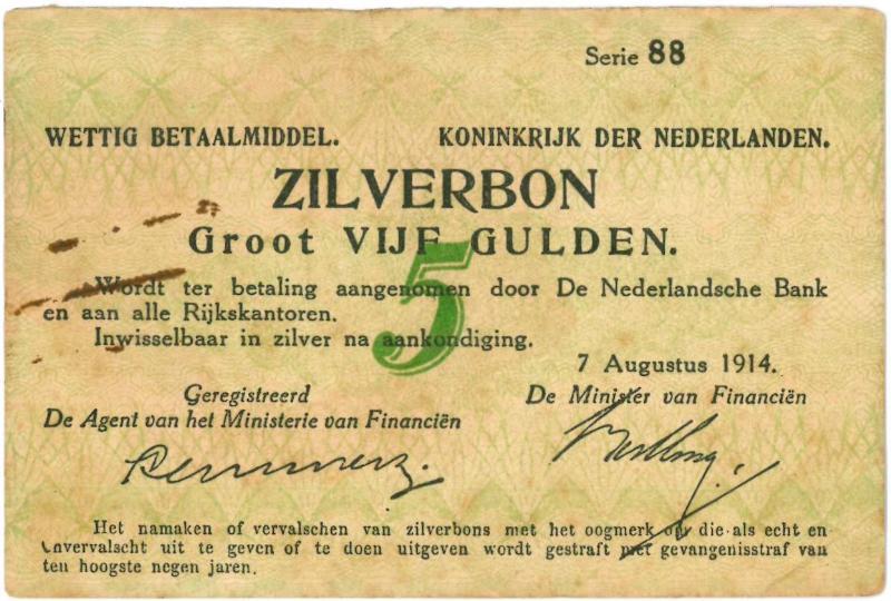 Nederland. 5 gulden. Zilverbon. Type 1914.  - Fraai+.                                                                                                                                                                                                          