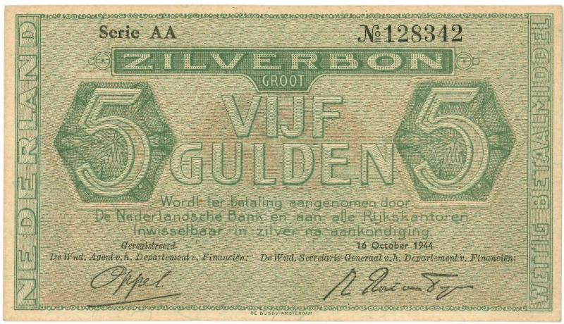 Nederland. 5 gulden. Zilverbon. Type 1944.  - Nagenoeg UNC.                                                                                                                                                                                                    