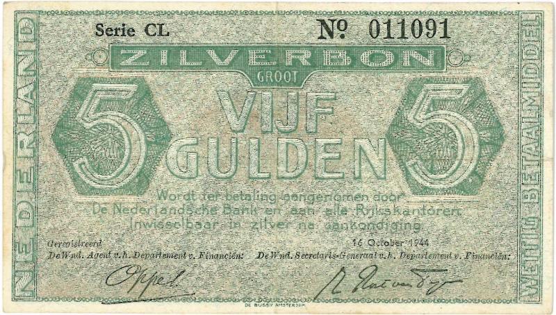 Nederland. 5 gulden. Zilverbon. Type 1944.  - Zeer Fraai/Prachtig.                                                                                                                                                                                             