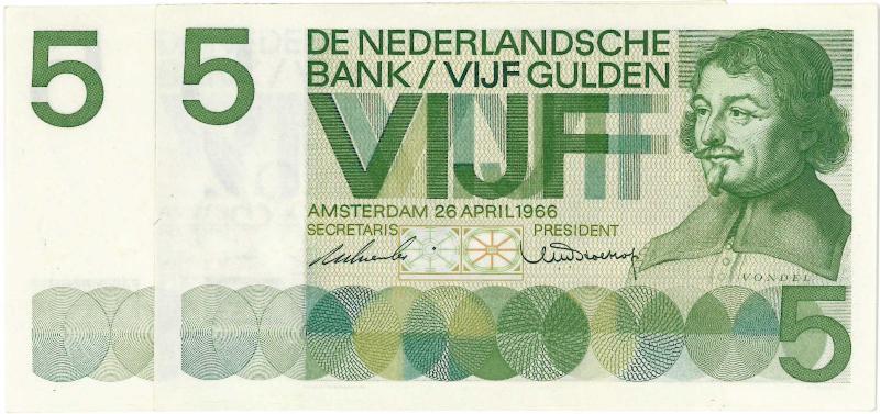 Nederland. 5 gulden. Bankbiljet. Type 1966. Vondel. - UNC.                                                                                                                                                                                                     