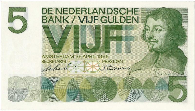 Nederland. 5 gulden. Bankbiljet. Type 1966. Vondel. - Prachtig+.                                                                                                                                                                                               