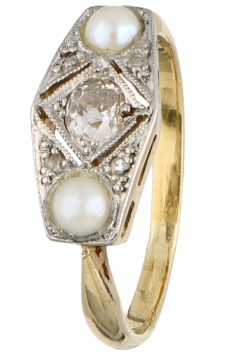 Geelgouden Art Deco ring, met ca. 0.15 ct. diamant en cultivé zoetwaterparel - 14 kt.