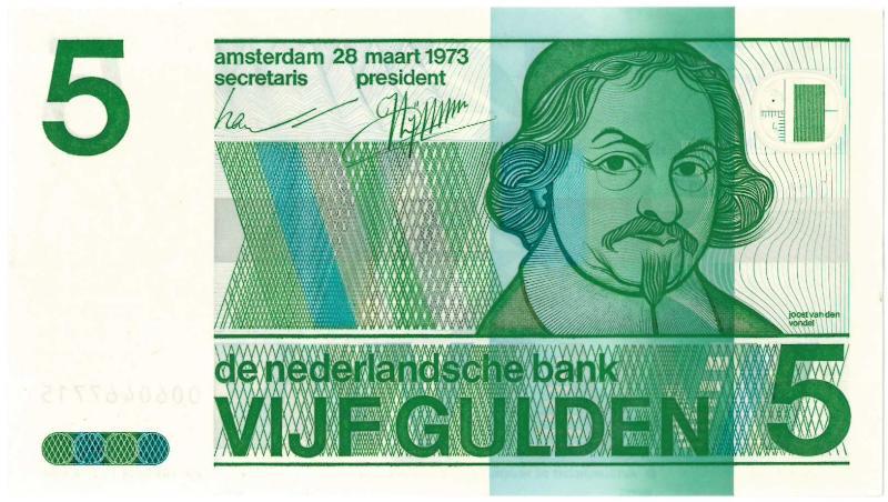Nederland. 5 gulden Bankbiljet. type 1973. Vondel. - Prachtig+.                                                                                                                                                                                                